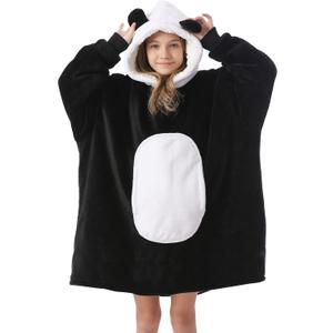 Kipswiza Panda Blanket Hoodie for Kids 6-13 Birthday Gifts, Soft Cozy Sherpa Oversized Wearable Blankets Big Hooded Sweatshirt with Ears & Pockets for Girls Boys (Black & White)