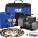 Orion Motor Tech A2L AC Vacuum Pump and Gauge Set, 5 cfm 2 Stage Sparkless Ignition Proof Vacuum Pump for R1234yf R32 R134a R410A System, with 4 Way AC Gauges Quick Couplers Thermometer Can Taps Hoses