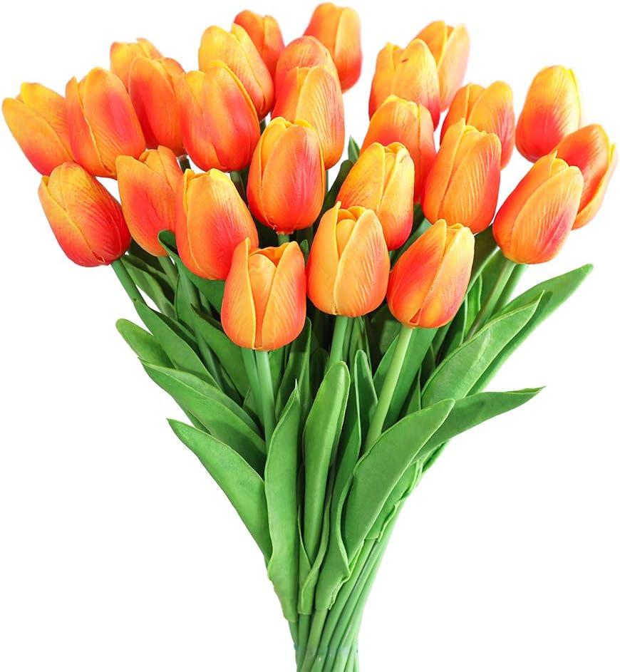 Kisflower 30Pcs Latex Tulips Real Touch Red and Yellow Artificial Flowers Fake Tulips Arrangement Bouquet for Home Office Wedding Decor (Red and Yellow)