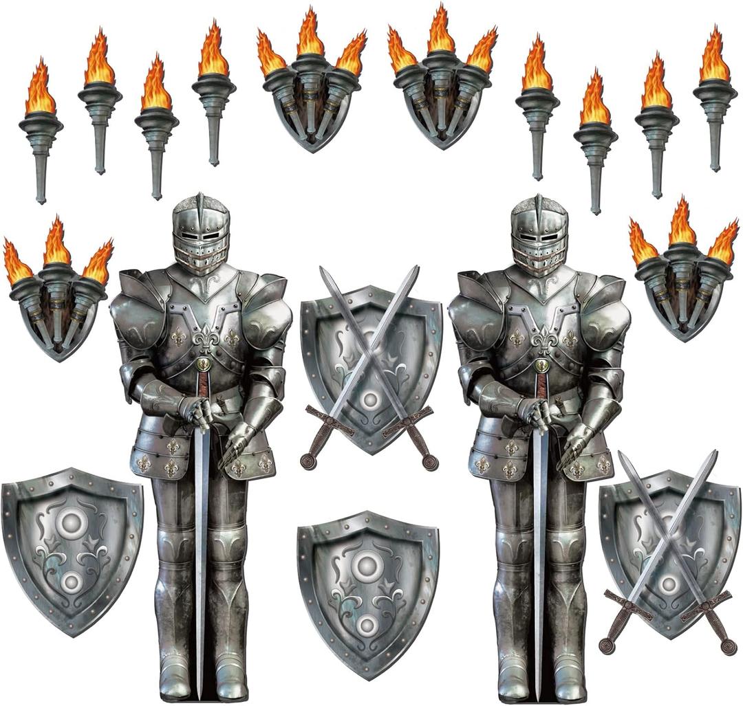 Honoson 20 Pcs Medieval Party Decorations 6 Feet Jointed Suit of Armor Knight Cut Out Castle Decorations Medieval Shield Photo Prop for Castle Renaissance Knight Party Wall Decor Supplies