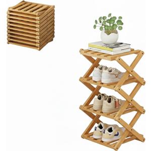 Foldable Shoe Rack, Bamboo Vertical Shoe Organizer Tall for Small Spaces. Multifunctional Narrow Shoe Shelf for Entryway, Closet, Corner, Bedroom, Hallway, Wood Color 4 Layers