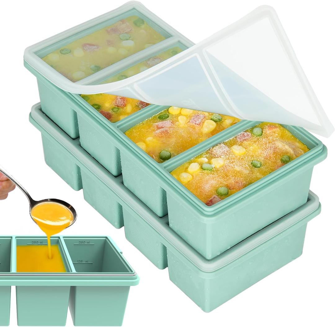Silicone Freezer Trays with Lids, 1-Cup Soup Container Style Ice Cube Trays for Freezer - Leakproof, Dishwasher,Oven Safe, Stackable, Ideal for Frozen Broth, Leftovers & Meal Prep, BPA Free 2 Pack (Green)