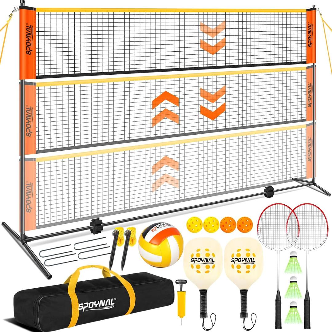 3-in-1 Adjustable Height Volleyball Badminton Pickleball Net Set - Portable Badminton Net Set for Backyards with Badminton Racket & Shuttlecocks, Volleyball Set with ball & Pump, Pickleball & CarryBag, 21.33 feet wide x 2.49 feet high