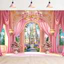 Newsely Princess Castle Garden Backdrop 8Wx6H Photography Pink Palace Curtain Crystal Floral Green Plants Cloud Lamp Sky Cute Background Girly Party Decorations Banner Photo Booth Props Supplies