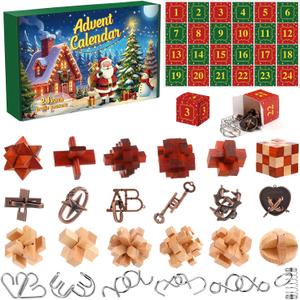 Jenaai Brain Teaser Advent Calendar 2025 Metal & Wood 24 Days of Christmas Countdown Calendar Gift Box 24pcs Brain Teaser Puzzles Advent Xmas Gifts Iq Test Games Toys for Teen Adult(Wooden&metal)