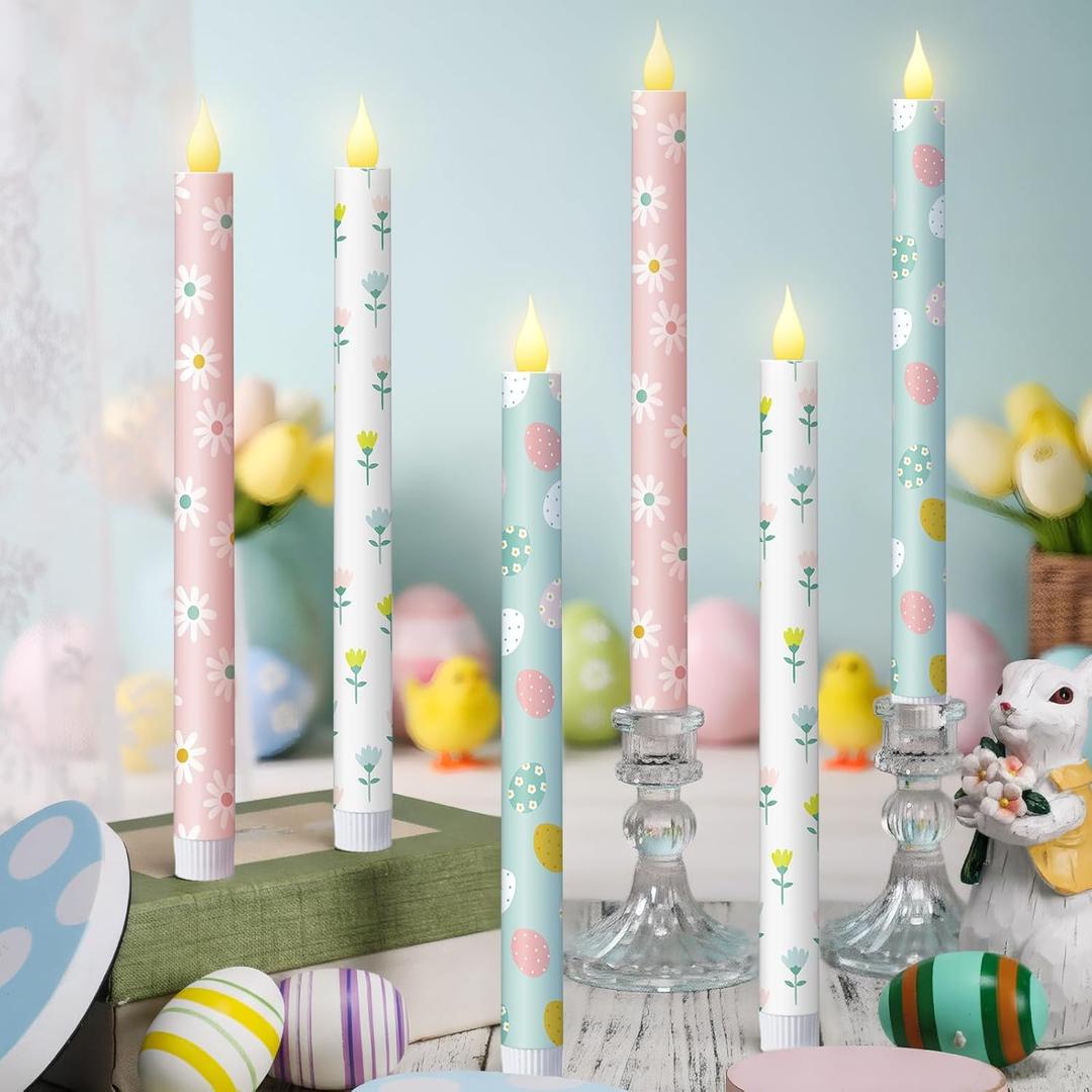 Honoson 6 Pcs Easter Flameless Taper Candles 10.6 Inch Colorful Candles Battery Operated LED Candlesticks for Easter Centerpieces Dinner Table Home Party Decor