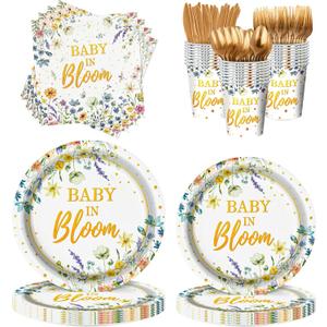 Kelfara 200Pcs Spring Baby in Bloom Baby Shower Decorations Plates Set, Wildflower Floral Baby Shower Paper Plates Napkins Cups and Gold Cutlery Set, Serve 25