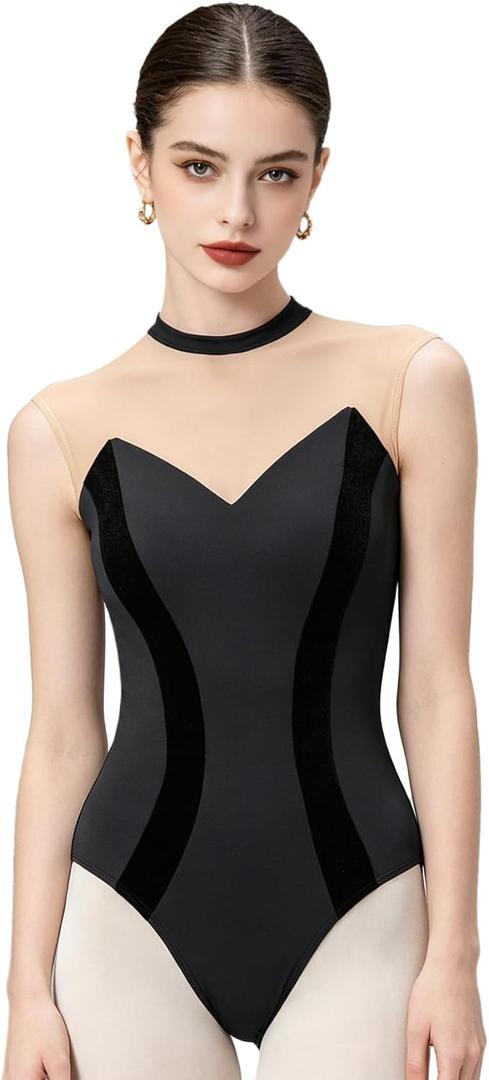 Women's Ballet Leotard, Dance Performance Costume - Elastic Mesh Fabric With Quilting, Elegant Stand-Up Collar. (Large, Black)