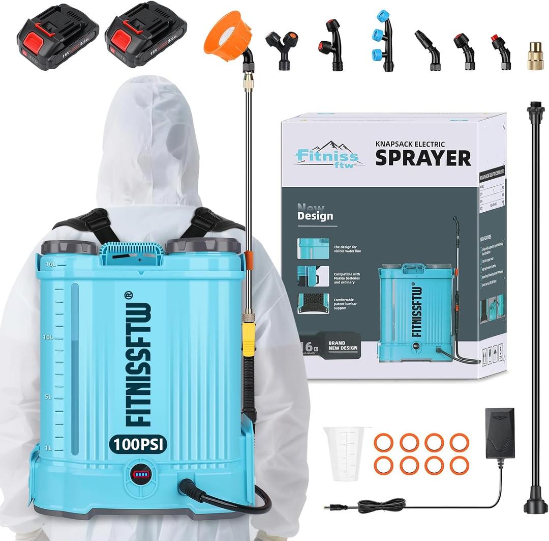 Battery Powered Backpack Sprayer 4.2 Gallon, 0-100 PSI Adjustable Pressure Garden Sprayer Compatible with 2pcs 2.0Ah 18V Battery, Electric Mixing Function, Telescope Wand, 8 Nozzles, Charger Included
