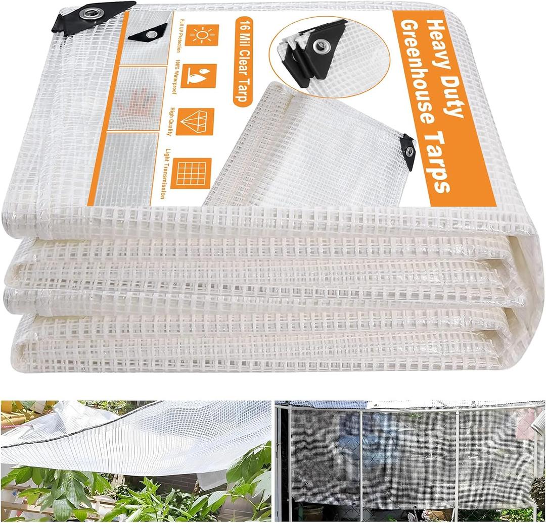 16 Mil Greenhouse Cover,Clear Plastic Tarps Heavy Duty Waterproof 20x30FT,UV Resistant Poly Clear Tarps with Grommets, Greenhouse Heavy Duty Tarp for Gardening, Farming, Nursery, Garden