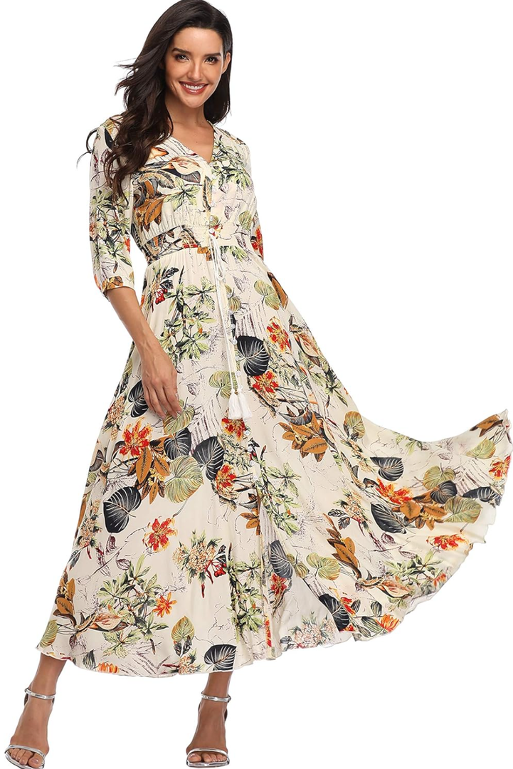 Summer Floral Print Maxi Dress Women Button Up Split Long Flowy Bohemian Beach Party Dresses XXL