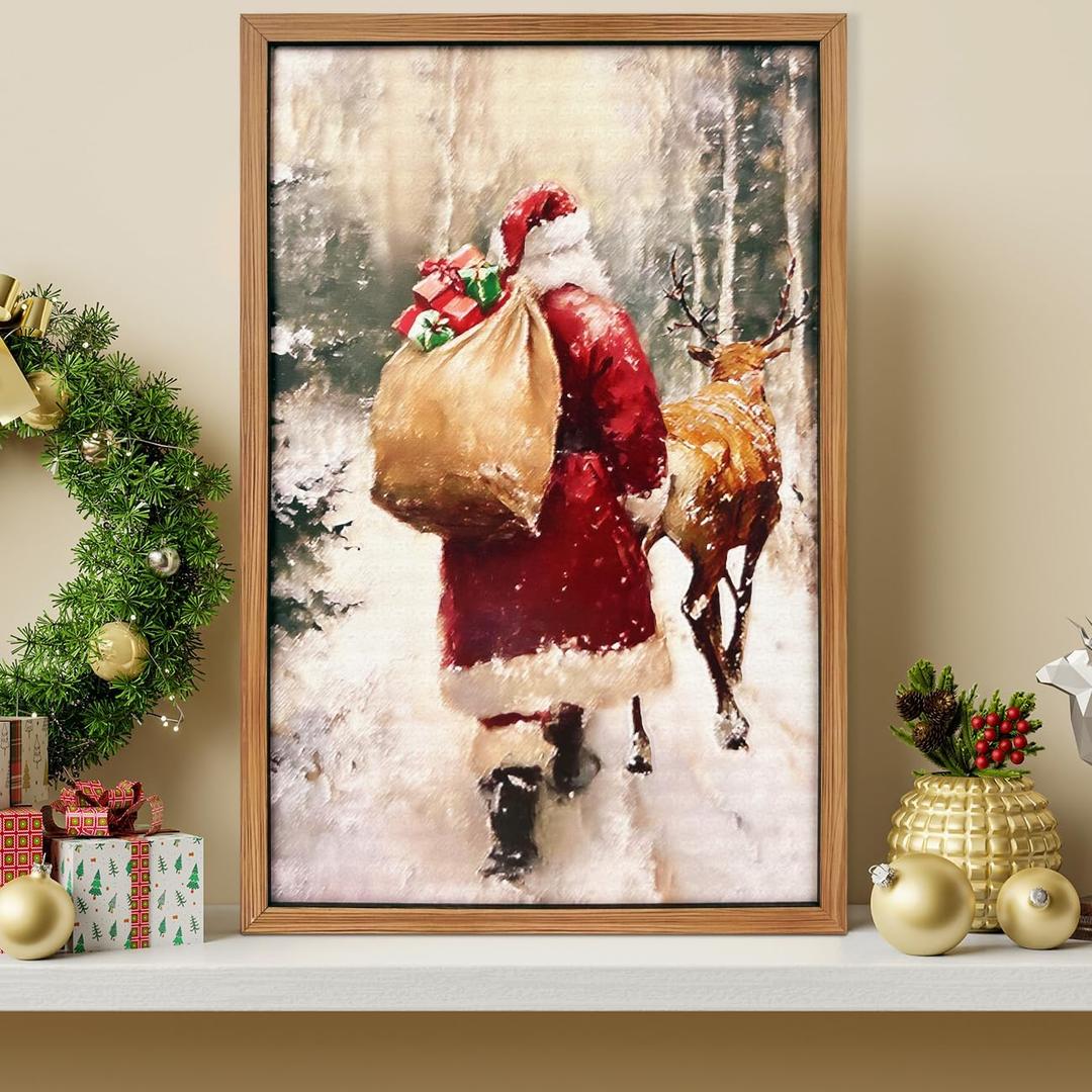 Vintage Christmas Decorations Santa Framed Wooden Wall Art Vintage Reindeer in Snow Christmas Hanging Decorations Xmas Winter Scene Decoration