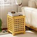 Bamboo End Table with Removable Cushion and Hidden Storage, 2-in-1 Ottoman Side Table with Breathable Grid Design for Small Space, Living Room, Bedroom, Balcony, Entryway