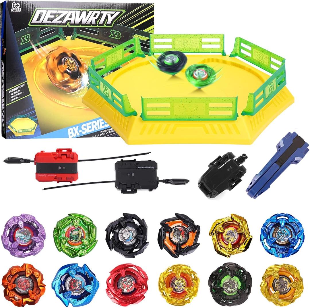 Gyro Stadium X Battle Set, 12 Spinning Tops, 3 Launchers, 1 Grip and Blade Arena Featuring X Acceleration Rail, Birthday Gift Toys for Boys Aged 6+ Years Old(Yellow)