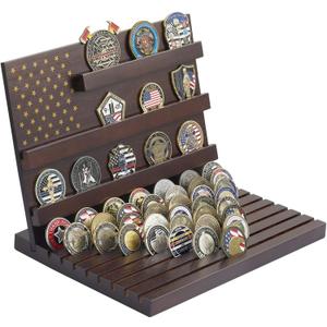 PiaoHao Challenge Coin Display, Military Coin Holder Display, Solid Wood 11 Rows Holds 80 Coins, Deep Grooved Anti-Slip Design, Collector Grade Desk Display for Veterans & Gifts (Walnut)