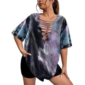 Remidoo Womens Oversized Tshirt Tie Dye Shirt Sexy Cut Out Top Short Sleeve V Neck Tee (4X-Large, Blue Purple)