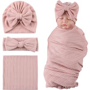 OMUKY Newborn Receiving Blanket Bow Headband and Beanie Set Baby Swaddle Receiving Blankets Baby Boy Girls Nursery Swaddle Wrap(Pink)