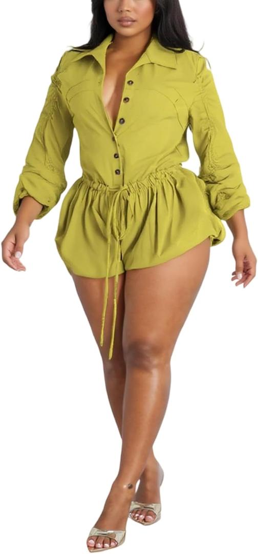 Unybwonn Women's Cargo Rompers Long Sleeve One Piece Bubble Short Jumpsuit Casual Ruched Drawstring Overalls Romper (X-Large, Yellow)