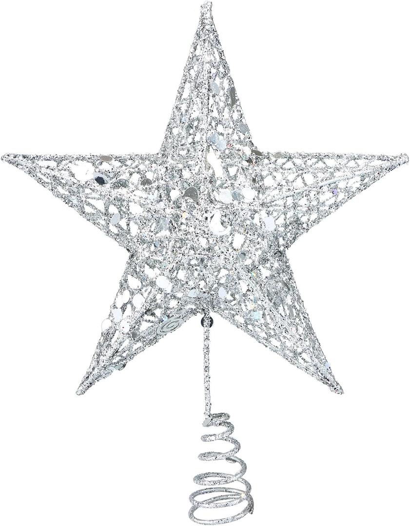 Resinta 8 Inch Metal Glittered Christmas Tree Topper Hallow Wire Star Topper for Christmas Tree Ornament (Silver)