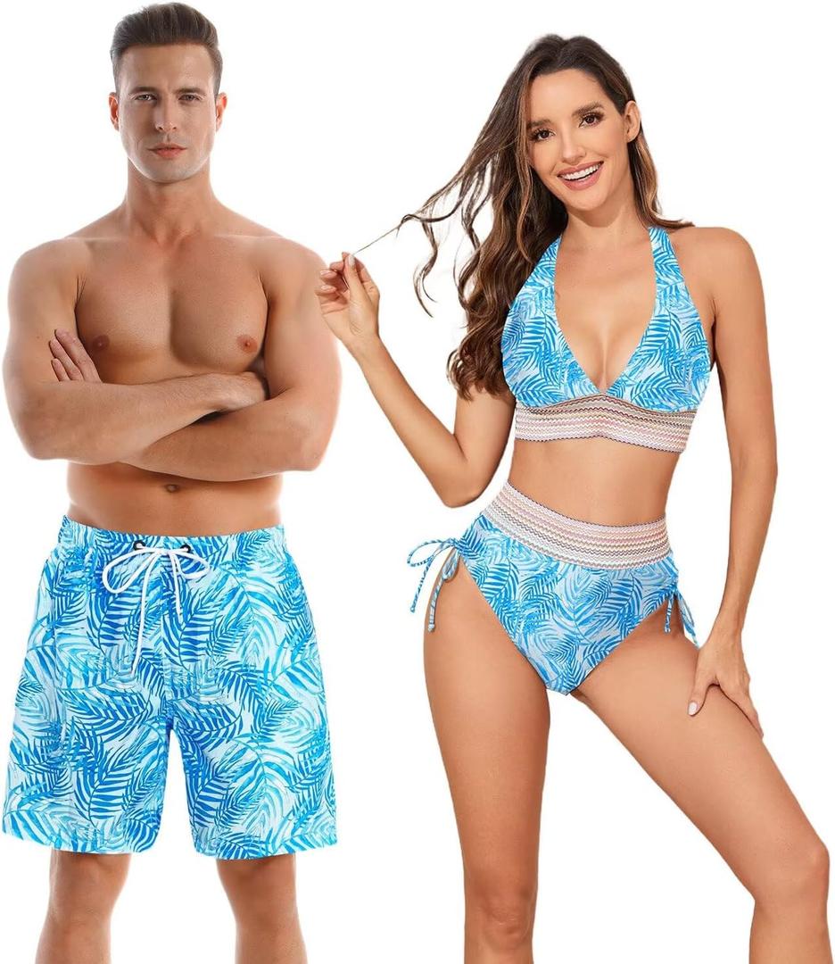 Couples Matching Swimwear Swimsuit,Women Two Piece Bathing Suit Bikini Set Mens Swimtrunks Couples Sold indivually (X-Large, Blue)