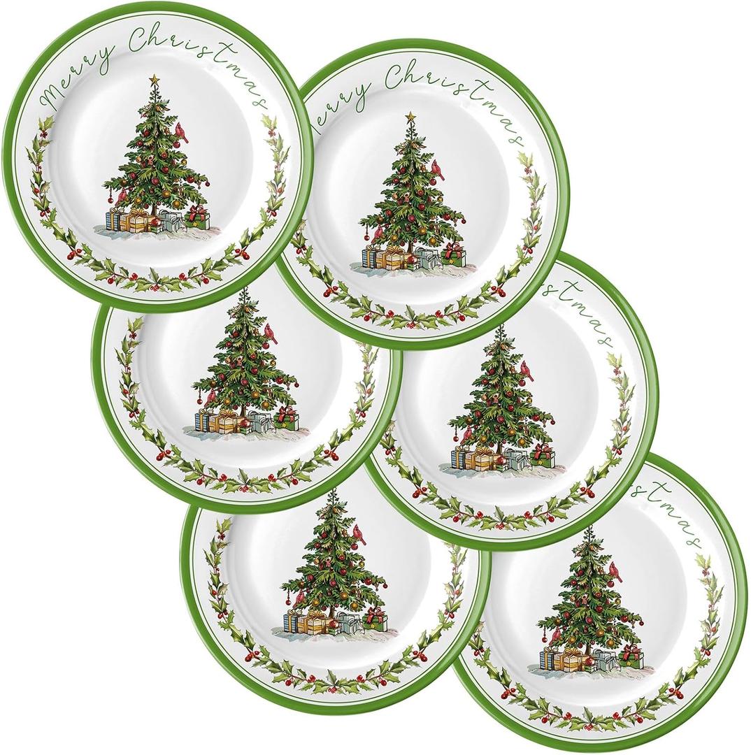 6 Pcs Christmas Melamine Plates Dinner Salad Plates Xmas Tree Dinnerware Xmas Wreath Dishes Holiday Tableware for Dessert Salad Appetizer Birthday Party (Christmas Tree,8 Inches)