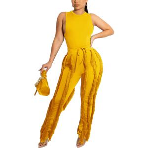 Vakkest Women's 2 Piece Outfits Sleeveless Tanks Top High Waist Fringe Long Pants Casual Tassels Bodycon Yoga Pants (XX-Large, All Yellow)