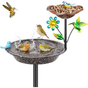 Metal Bird Bath for Outside, Birdbath Bowl Standing Bird Feeders for Outdoors with 5 Prongs Base Stake, Freestanding Birdfeeders for Garden Yard Lawn Decor (Brown 2-in-1 Bird)