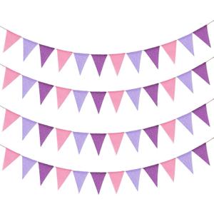 Purple Pink Pennant Banner Flags - 48pcs Prestrung Fabric Pink and Purple Birthday Party Decorations for Girls Women