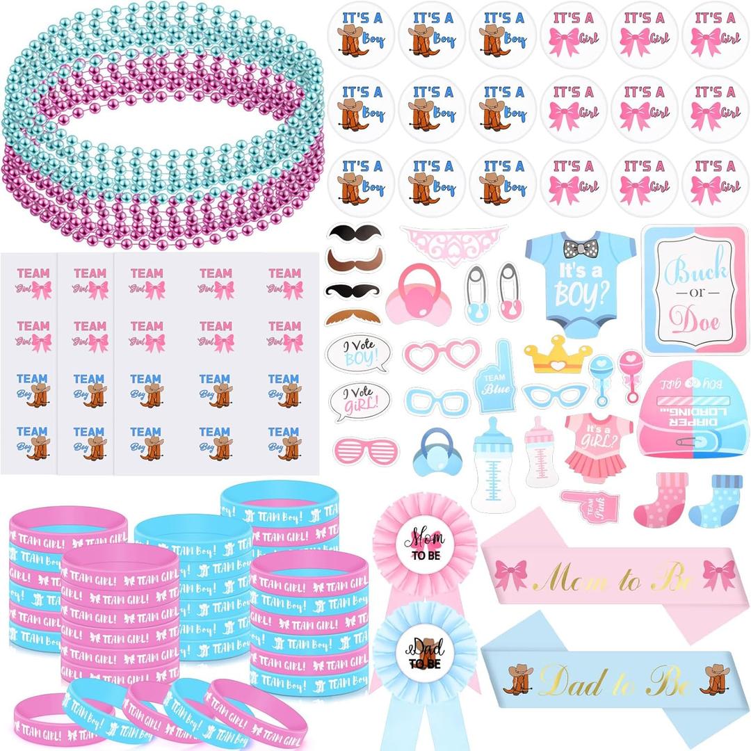 224 Pcs Gender Reveal Party Supplies Favors, Blue and Pink Gender Reveal Ideas Games Supplies, Team Bracelets and Button Pins