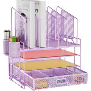 Marbrasse Desk Organizers, 4-Tier Mesh Desk File Organizer with 5 Vertical File Holders and 2 Pen Holders, Multifunction Desktop Organizer,Desk Organizers and Accessories for Home Office (Purple) (Purple Vertical File Folder)