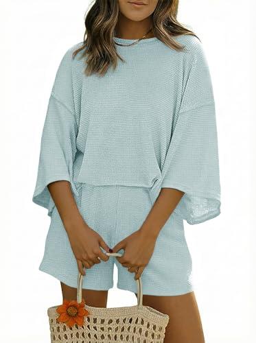Tankaneo Womens Lounge Set 2 Piece Outfits Crewneck 3/4 Sleeve Tops and Shorts Casual Pajamas Sets with Pockets XL