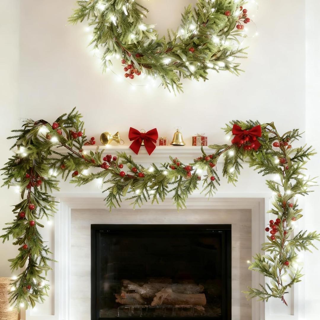 2PCS 6Ft Artificial Norfolk Pine Garlands, Real Touch Winter Christmas Garland, Green Artificial Greenery Garland for Table, Mantle, Wall, Indoor, Outdoor Christmas Decorations 