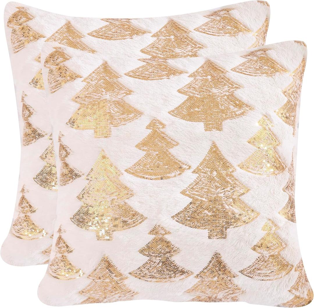 Tosleo Christmas Pillowcases 18 x 18 inch Set of 2 Multiple Christmas Tree Sequin Throw Pillow Cover White Plush Pillow case Christmas Party Decor Winter Holiday Soft Cushion Case