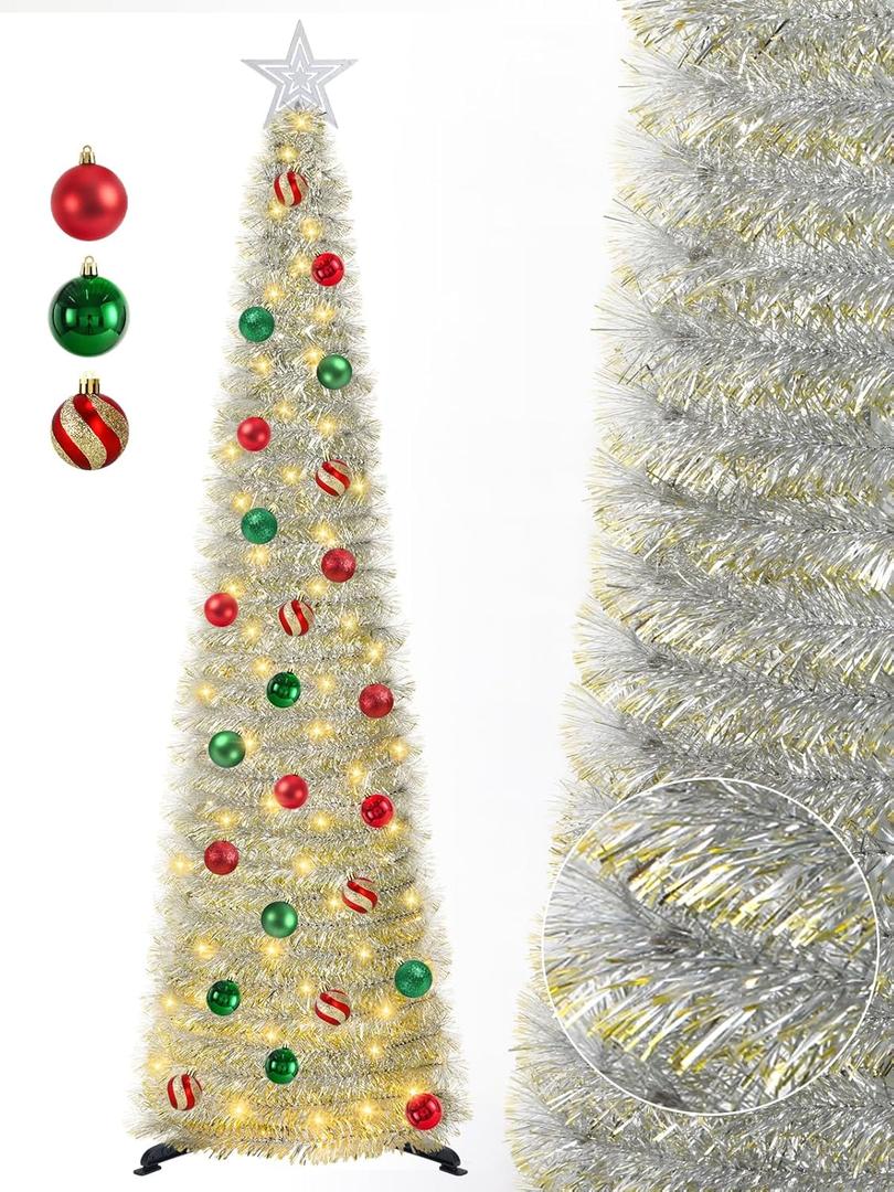 5 FT Pop Up Christmas Tree with Timer Lights and Decorations, Silver Tinsel Artificial Christmas Tree with 24 Balls Ornaments, Collapsible Pencil Tree for Xmas Home Office Party Decor (Silver - Gold Edges)