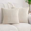 HWY 50 Cream White Corduroy Patchwork Throw Pillow Covers 18x18 Inch, Set of 2, Soft Cozy Textured Decorative Cushion Cases for Couch Sofa Bed Living Room, Boho Striped Home Decor