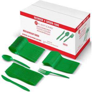 2 x PLASTICPRO 1000 piece Cutlery Combo set of Green Plastic Forks, Spoons, and Knives Disposable Colored Cutlery Bulk Pack Variety Pack for Party Home Office