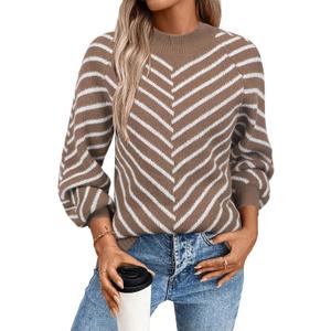 Theenkoln Women Striped Fall Sweater:Crew Neck Long Sleeve Color Block Casual Loose Pullover Knit Tops, M
