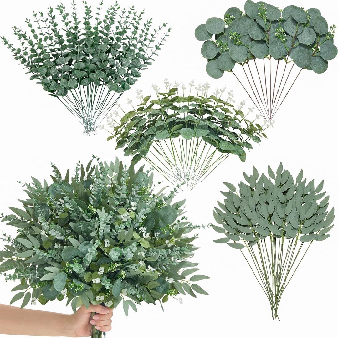 Alecono 100pcs Mixed Eucalyptus Leaves Stems Bulk, 4 Kinds Artificial Greenery Stems Faux Sliver Dollar Fake Greenery for Centerpieces Wedding DIY Bouquets Floral Arrangement Party Decor