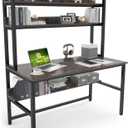 Aquzee Desk with Hutch Bookshelves, Computer Desk with 3 Tiers Storage Shelves, Space Saving Design Black Metal Legs Desk with Grey Board, Easy Assemble (47inch)