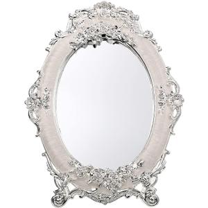 JUXYES Small Tabletop Dressing Mirror Vintage Metal Desktop Mirror with Stand, Antique Embossed Roses Countertop Makeup Mirror Retro Oval Cosmetic Decorative Mirrors for Table Centerpieces (White)