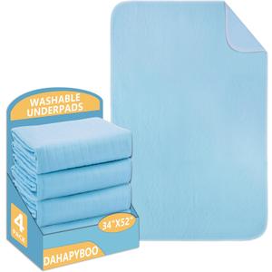 DAHAPYBOO Washable Underpads, 34"x52" 4 Pack Incontinence Bed Pads, Heavy Absorbency Reusable for Elderly, Kids, Adults and Pets, Waterproof Quick Drying for Bed, Sofa, Floor