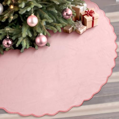 RoundFunny Pink Christmas Tree Skirt 48 Inches Neutral Velvet Christmas Tree Skirts Modern Scalloped Edge Xmas Decorations Minimalist Mat for Home Indoor Outdoor Holiday Party Decor