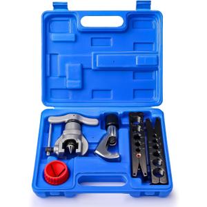 TURBRO HVAC FlaringTool Kit for 1/4 to 3/4in Pipes, 45 Degree Eccentric Cone Type, 2 Flaring Splints, Single Flaring Tool with a Pipe Cutter and Deburring Reamer, for Copper and Aluminum Pipes