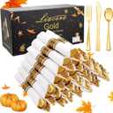 Liacere 100Pack Pre Rolled Gold Silverware and Napkin-Disposable Gold Plastic Utensils-Wrapped Plastic Cutlery Set with Napkin:100 Forks,100 Knives,100 Spoons,100 Napkins for Wedding & Thanksgiving
