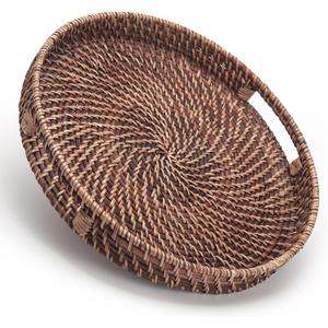 Round Rattan Woven Serving Tray with Handles Ottoman Tray for Breakfast, Drinks, Snack for Coffee Table, Home Decorative (11"x1.6", Honey Brown)