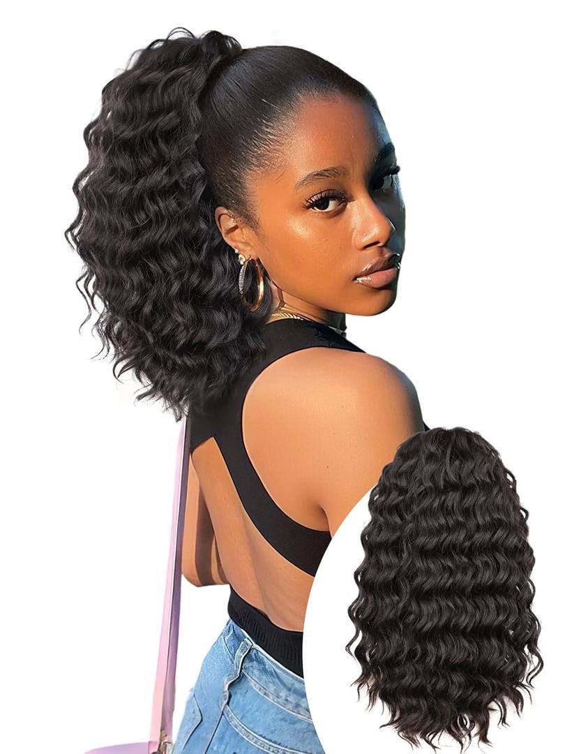 Isaic Ponytail Extension 12 Inch Long Wavy Curly Ponytails Drawstring Ponytail for Black Women Natural Black Pony Tails Hair Extensions Synthetic Hairpiece for Daily Use