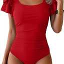 Eomenie Women's Tummy Control One Piece Swimsuit Ruffle Square Neck Bathing Suit Ruched Cutout Back Slimming Swimwear  Size M, Color Red