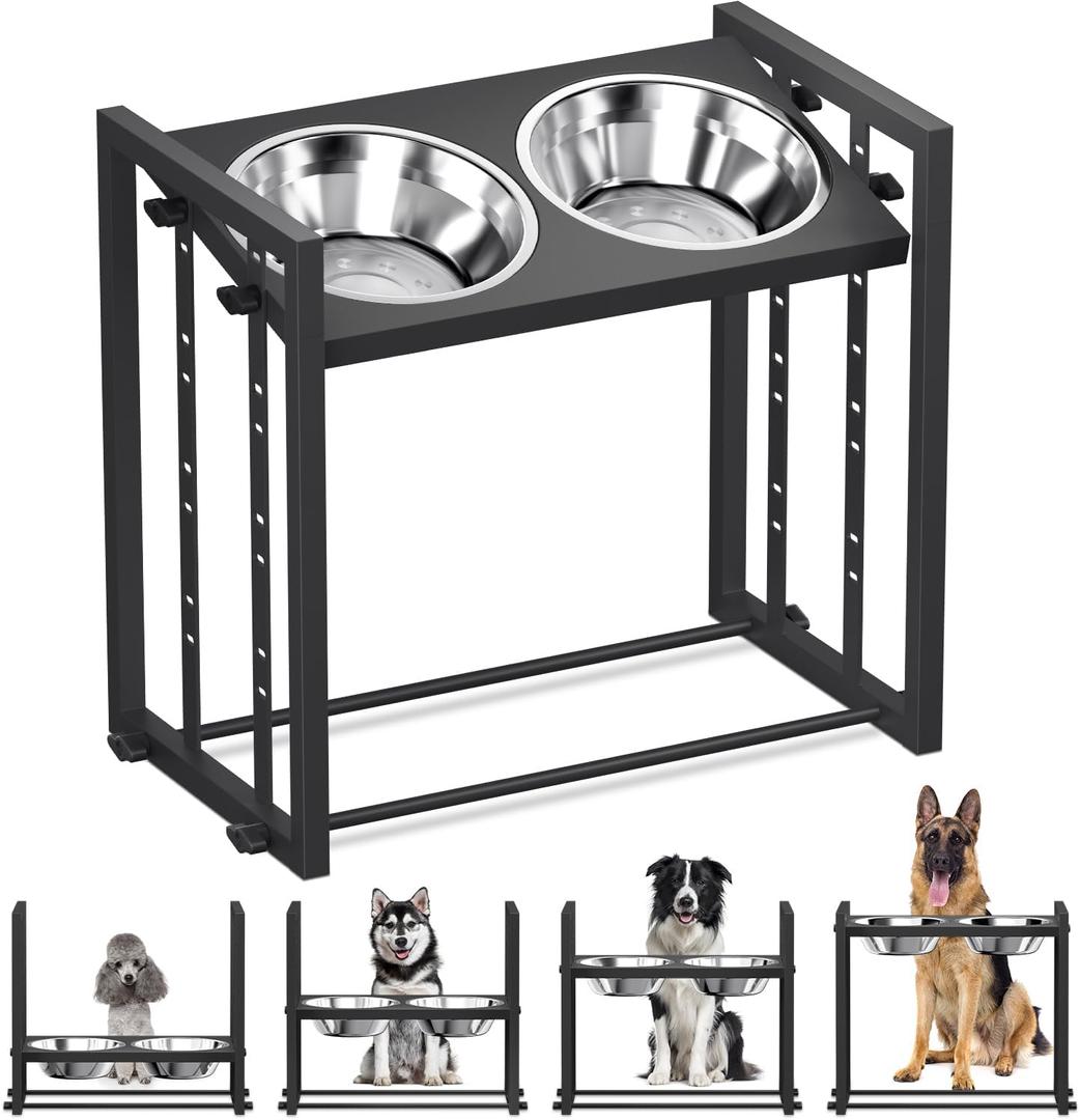 Elevated Dog Bowls for Medium Breed: 4 Height Adjustable Raised Dog Bowl with Metal Stand, Dog Feeder Station with 2 Stainless Steel Bowls for Small Medium and Large Size Dogs, Black