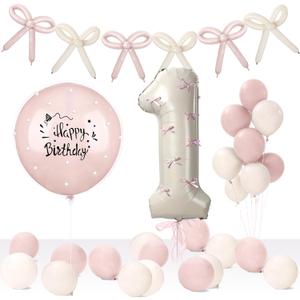 1st Birthday Decorations for Girl Happy First Birthday Baby Decoration 40 Inch Number 1 Balloon Pink White Banner Double Layer Bobo Balloons for Baby One Year Old Party Decor (Multi)