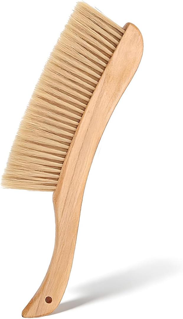 Wooden Hand Whisk Broom Dust Brush with Curved Wood Handle Soft Bristle Bench Brush Household Cleaning Brush for Counter Bed Sofa Car Fireplace Clothes (Beige-Curved Handle)